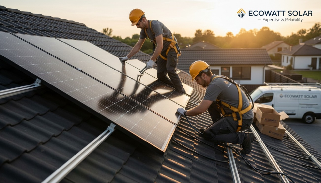 Solar installer workmanship on a residential rooftop showing professional PV module installation, mounting quality, wiring discipline, and project execution